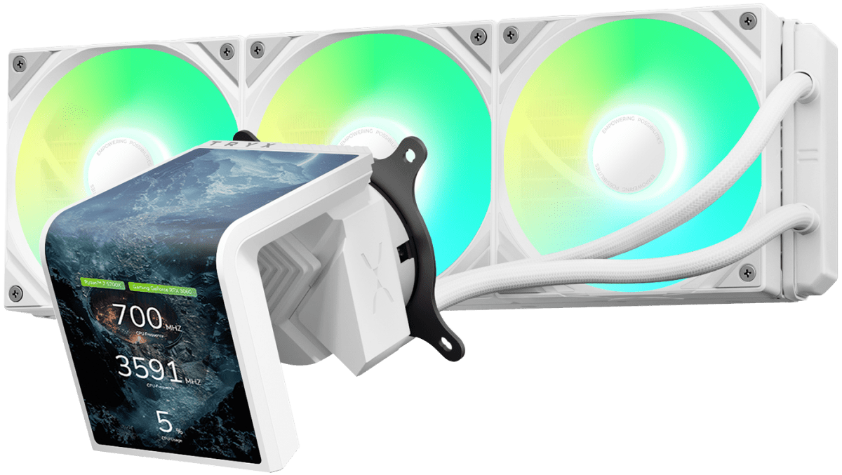 TRYX PANORAMA SE OLED - ARGB 360mm AIO Liquid Cooler with 3D Display (White) - I Gaming Computer | Australia Wide Shipping | Buy now, Pay Later with Afterpay, Klarna, Zip, Latitude & Paypal