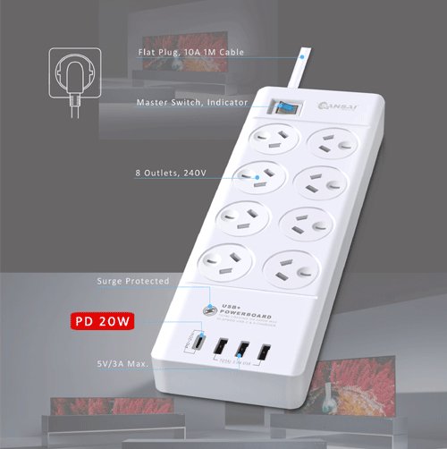 Sansai 8 Outlet 3*USB - A & 1*USB - C Powerboard Master On/Off switch Surge and overload protected 1M 20W 220 - 240V 10A IV Retail box - I Gaming Computer | Australia Wide Shipping | Buy now, Pay Later with Afterpay, Klarna, Zip, Latitude & Paypal